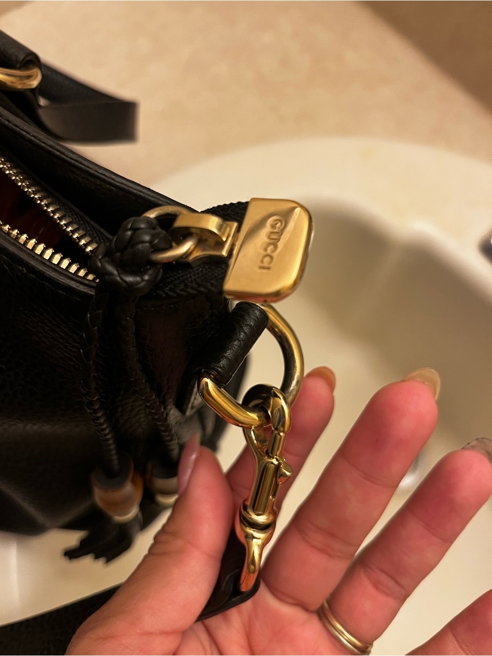 Black Leather Tote Handbag with Gold Hardware - Picture 3 of 11